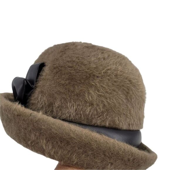 60's Mr. John Sophisticate Mystere Brown Fuzzy Cloche Hat Faux Leather Bow - Picture 6 of 15